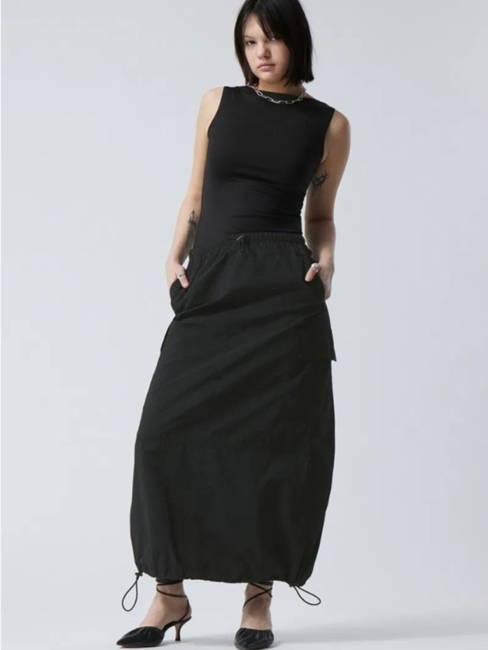 Weekday Black Maxi Skirt with Drawstring Hem